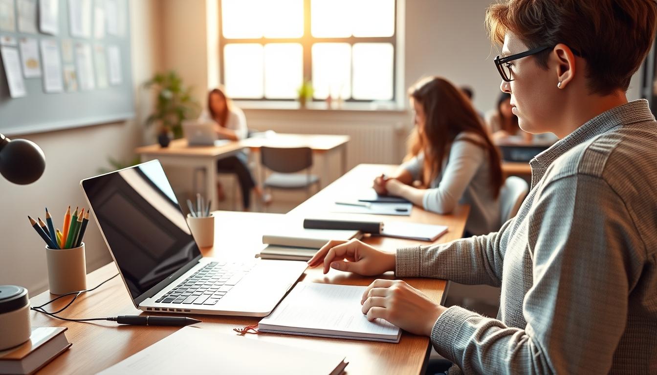 Student using a study guide to organize academic notes